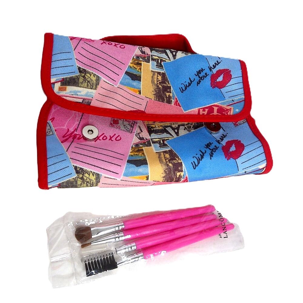 Lancome Wish You Were Here XOXO Cosmetic Travel Bag With Makeup Brushes New